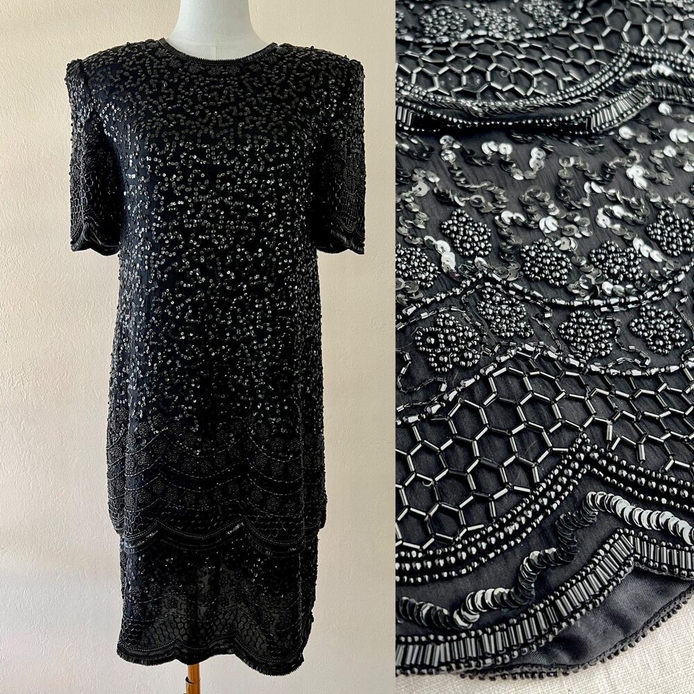 Vintage 80s Laurence Kazar Black Beaded Sequin Silk Overlay Dress / Petite Small